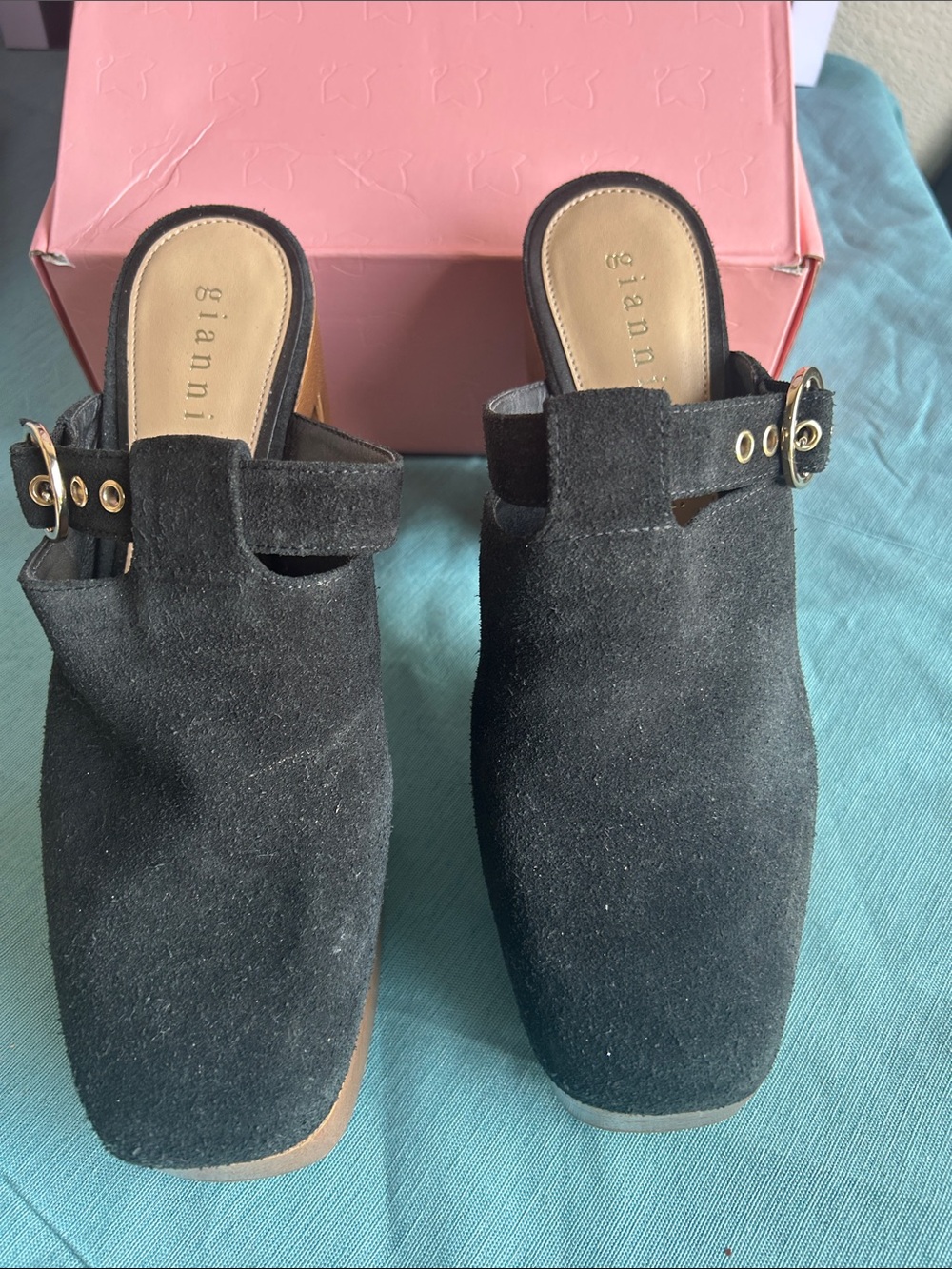 Ganni Black Suede Mule Clogs with Gold Buckle